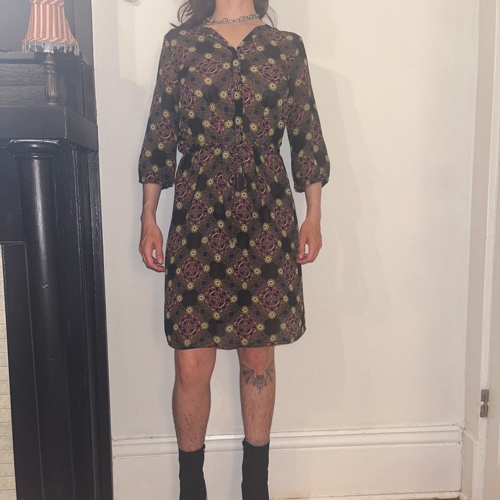 Patterned Black Sheer Dress with Waist Ties